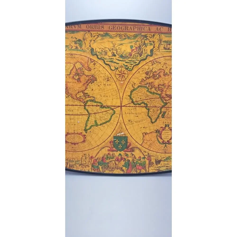 Vintage Old World Map Globe Serving Tray Made in Japan Oval Bar Serving Tray